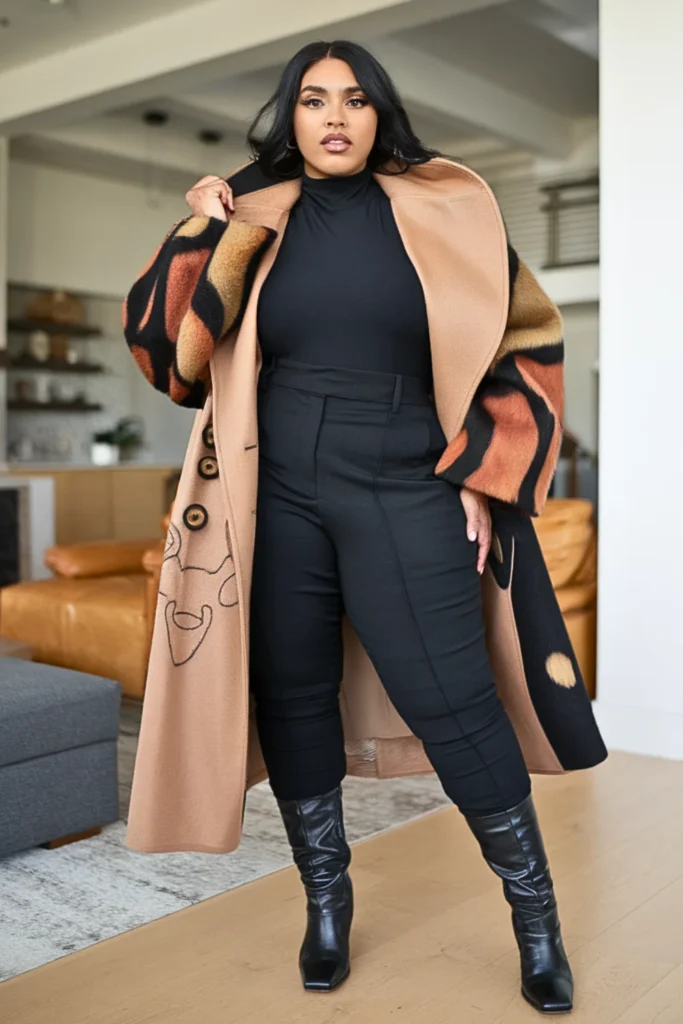 Plus Size Statement Coat Bodysuit Winter Outfit