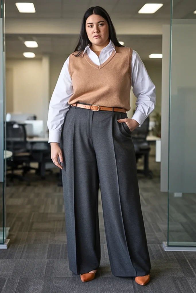 Plus Size Sweater Vest and Wide Leg Trousers Winter Outfit