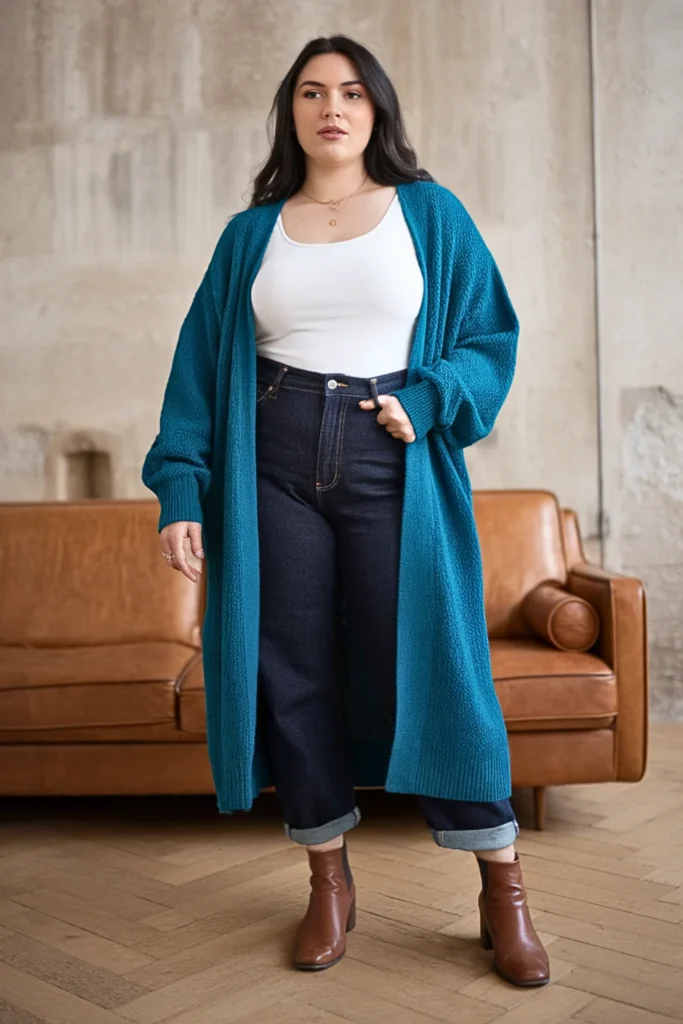 Plus Size Teal Blue Wool Cardigan Winter Outfit