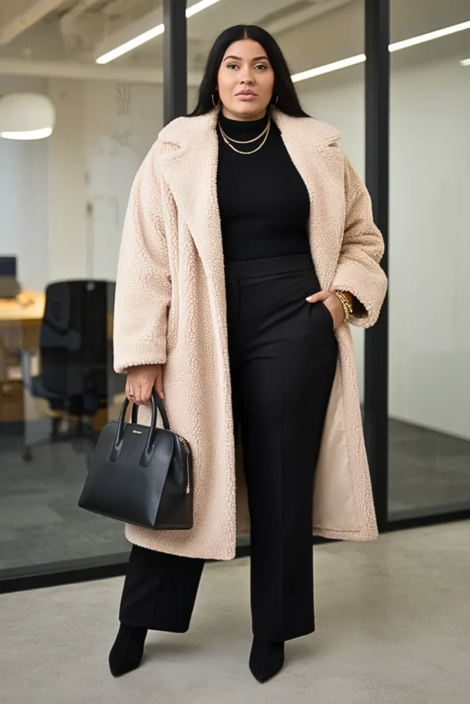 Plus Size Teddy Coat and Straight Leg Trousers Winter Outfit