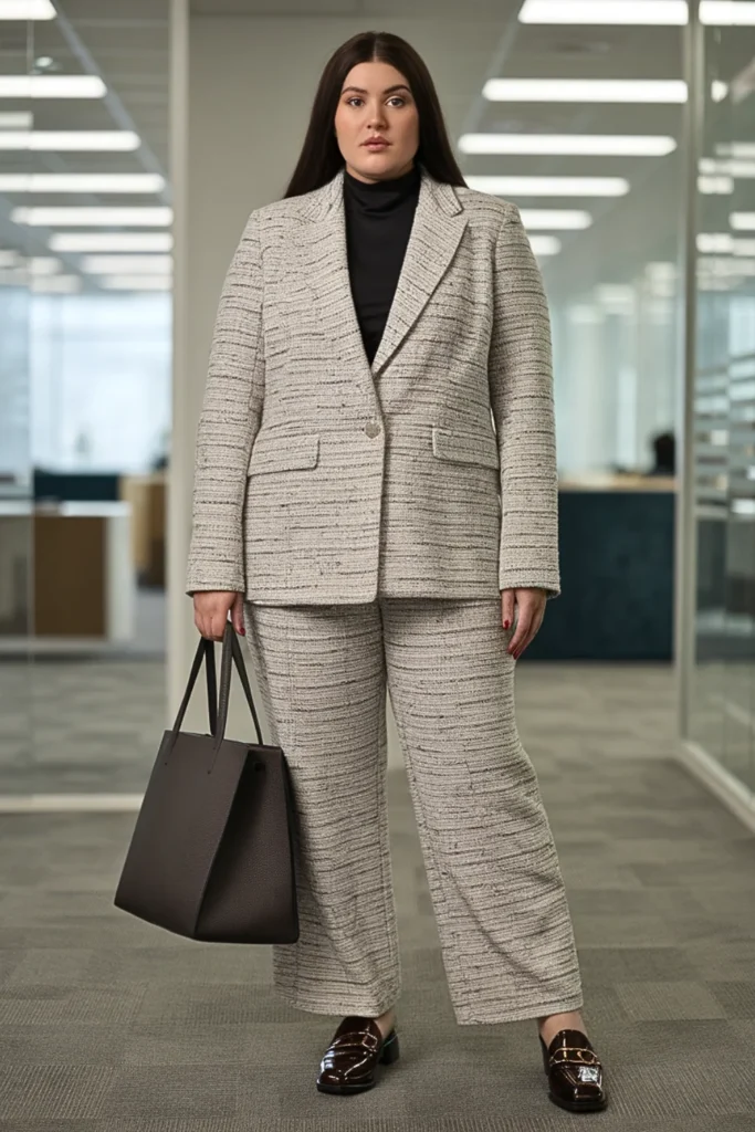 Plus Size Textured Blazer and Straight Leg Pants Winter Outfit