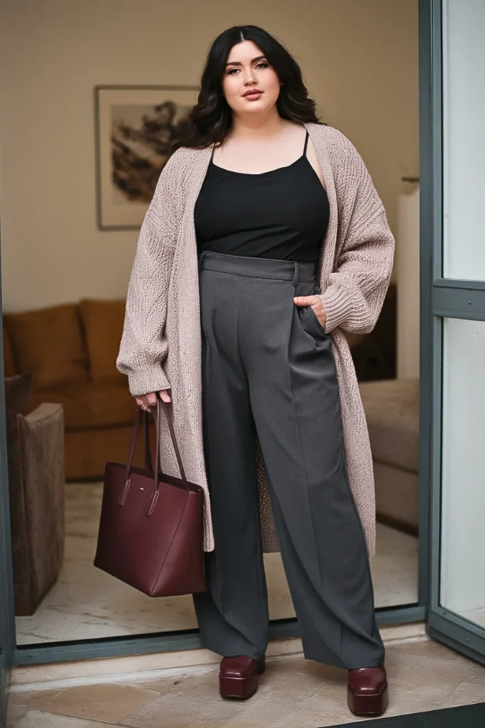Plus Size Textured Cardigan and Wide Leg Trousers Winter Outfit