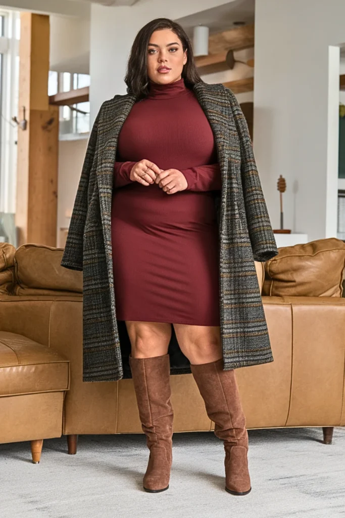 Plus Size Turtleneck Dress Boots Winter Outfit