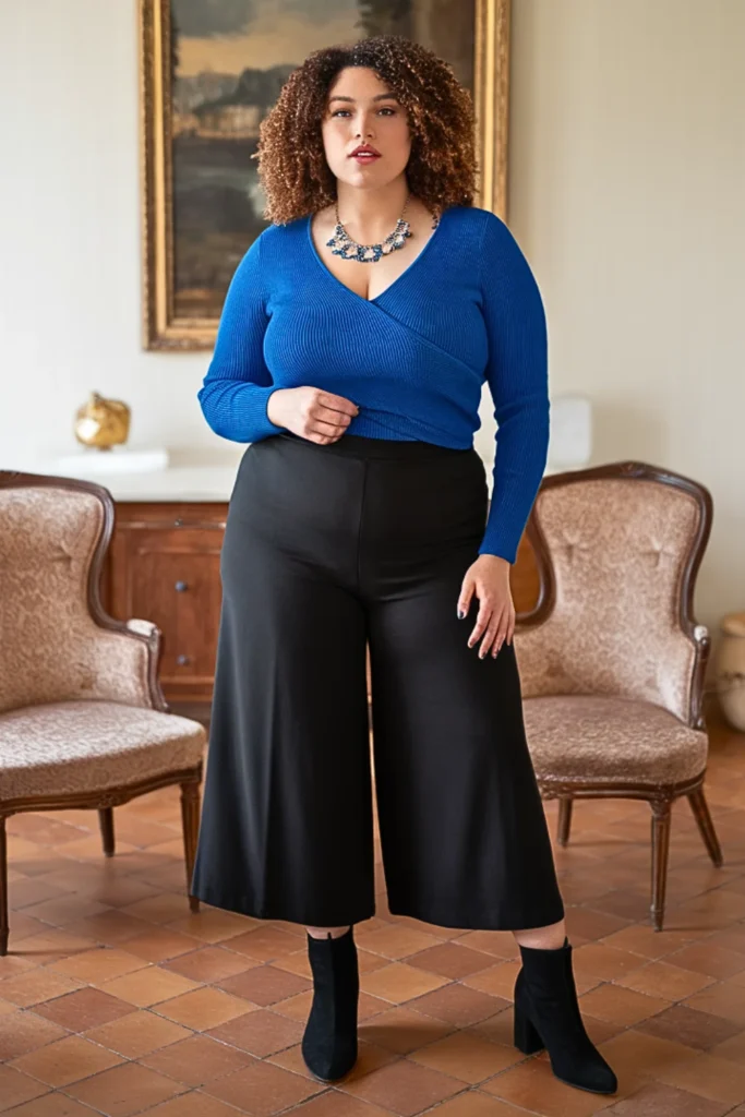 Plus Size V-Neck Sweater Culottes Winter Outfit