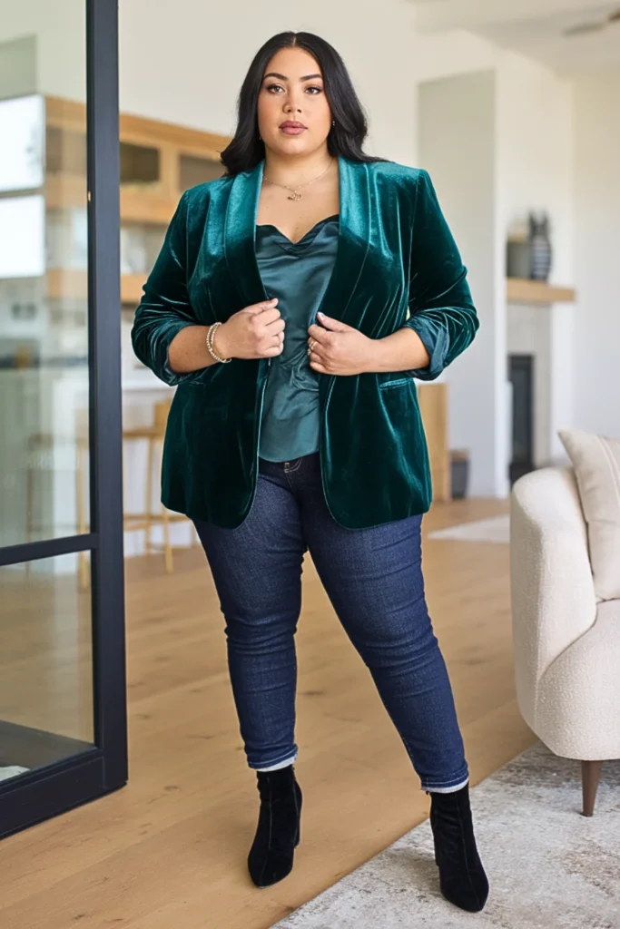 Plus Size Velvet Blazer Jeans Winter Outfit