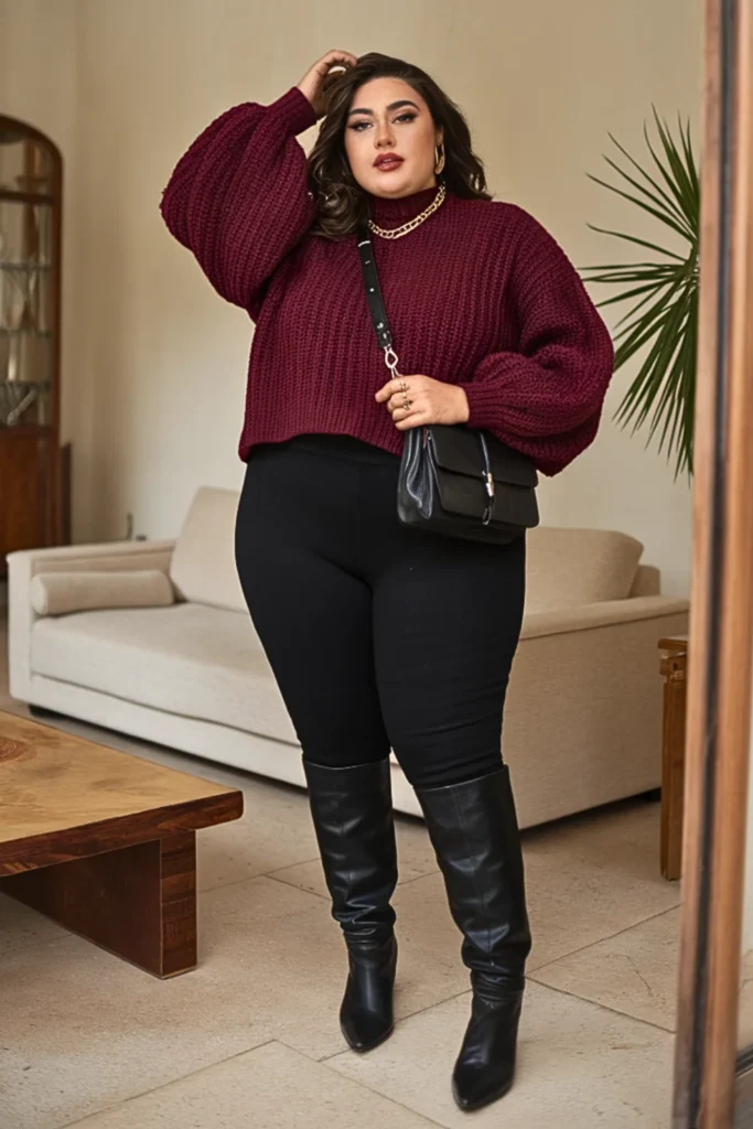 Plus Size Wine Red Knit Sweater Winter Outfit