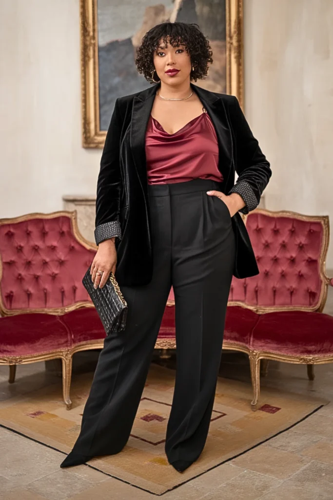 Plus Size Wine Red Silk Camisole Winter Party Outfit