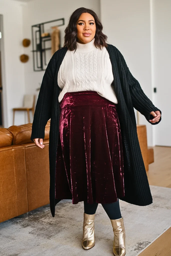 Plus Size Winter Burgundy Velvet Midi Skirt Outfit