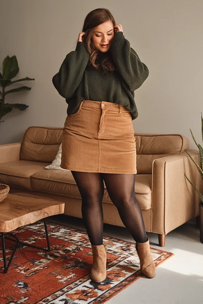 Plus Size Winter Corduroy Mini Skirt Outfit