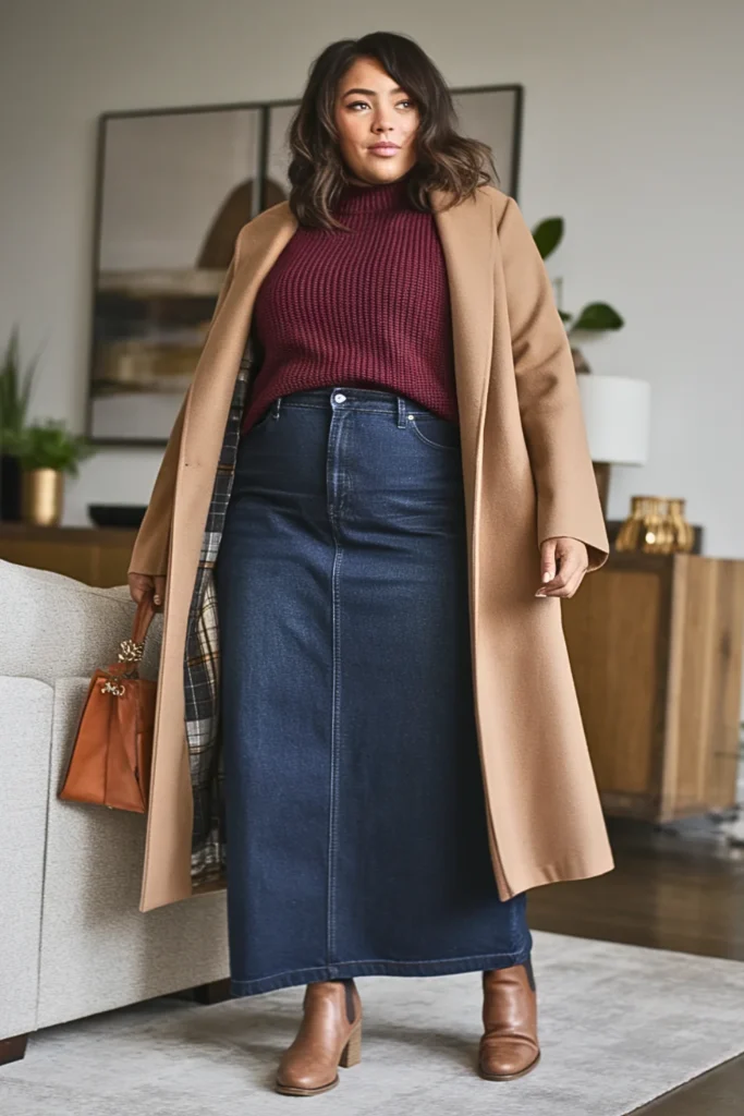 Plus Size Winter Denim Maxi Skirt Outfit