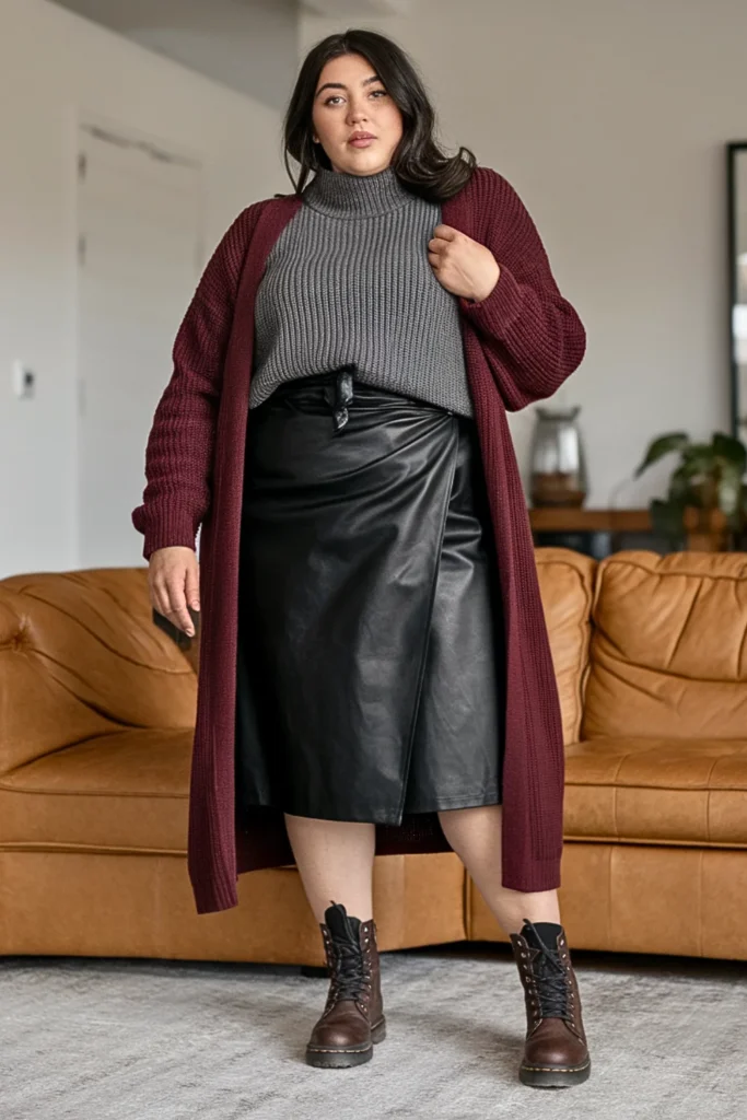 Plus Size Winter Faux Leather Wrap Skirt Outfit