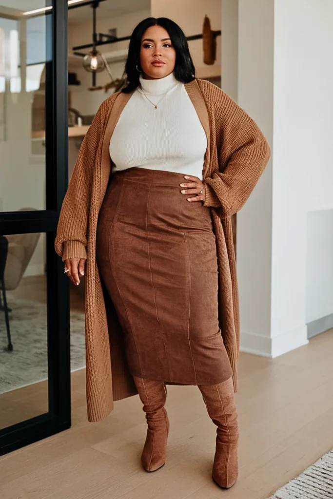 Plus Size Winter Faux Suede Pencil Skirt Outfit