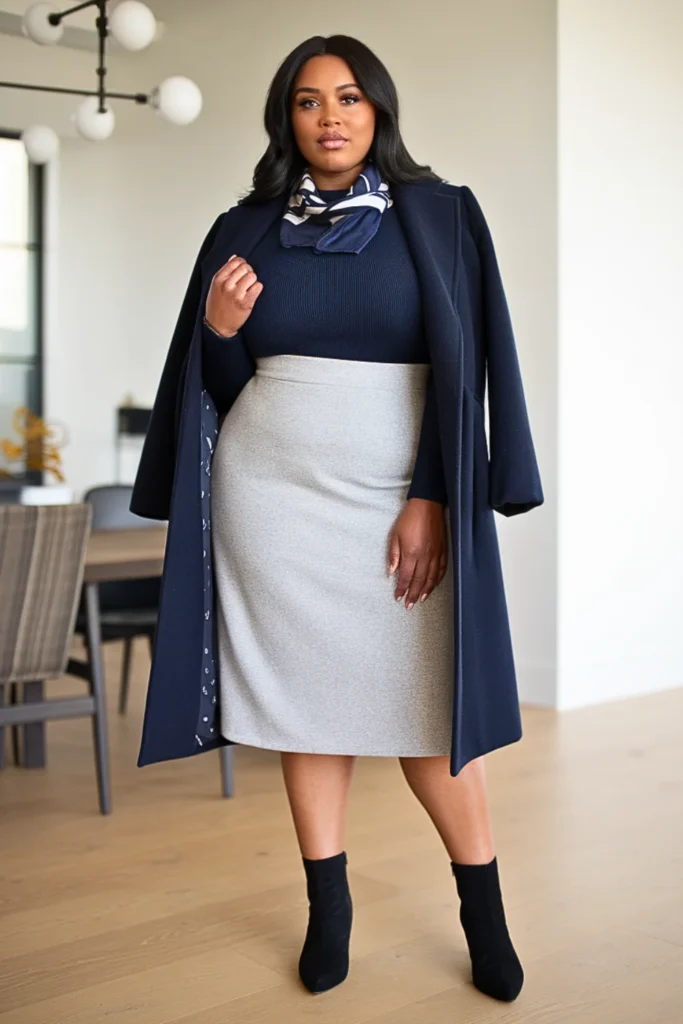 Plus Size Winter Herringbone Straight Skirt Outfit