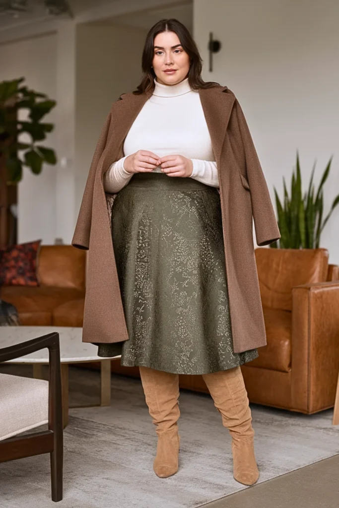 Plus Size Winter Jacquard A-Line Skirt Outfit