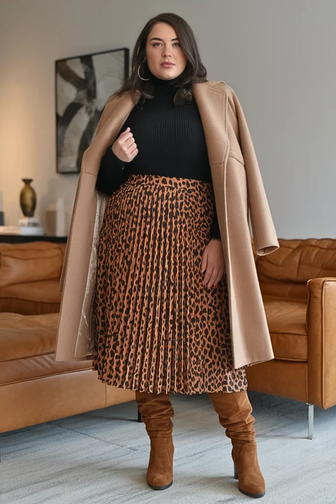 Plus Size Winter Leopard Print Pleated Skirt Outfit
