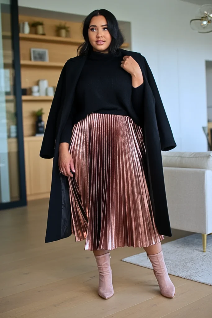 Plus Size Winter Metallic Pleated Midi Skirt Outfit