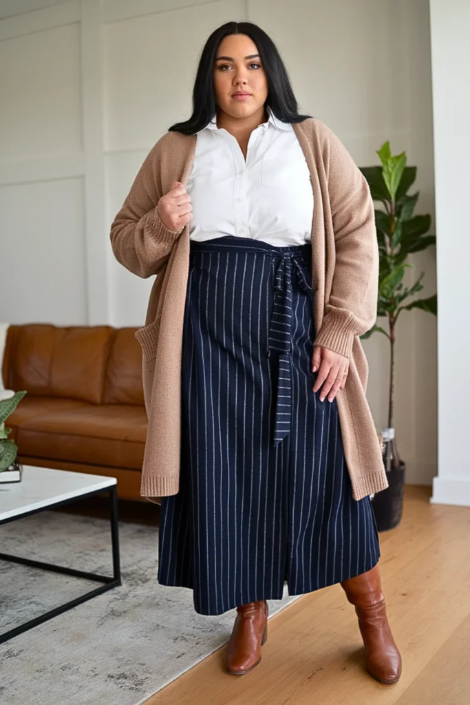 Plus Size Winter Navy Pinstripe Maxi Skirt Outfit