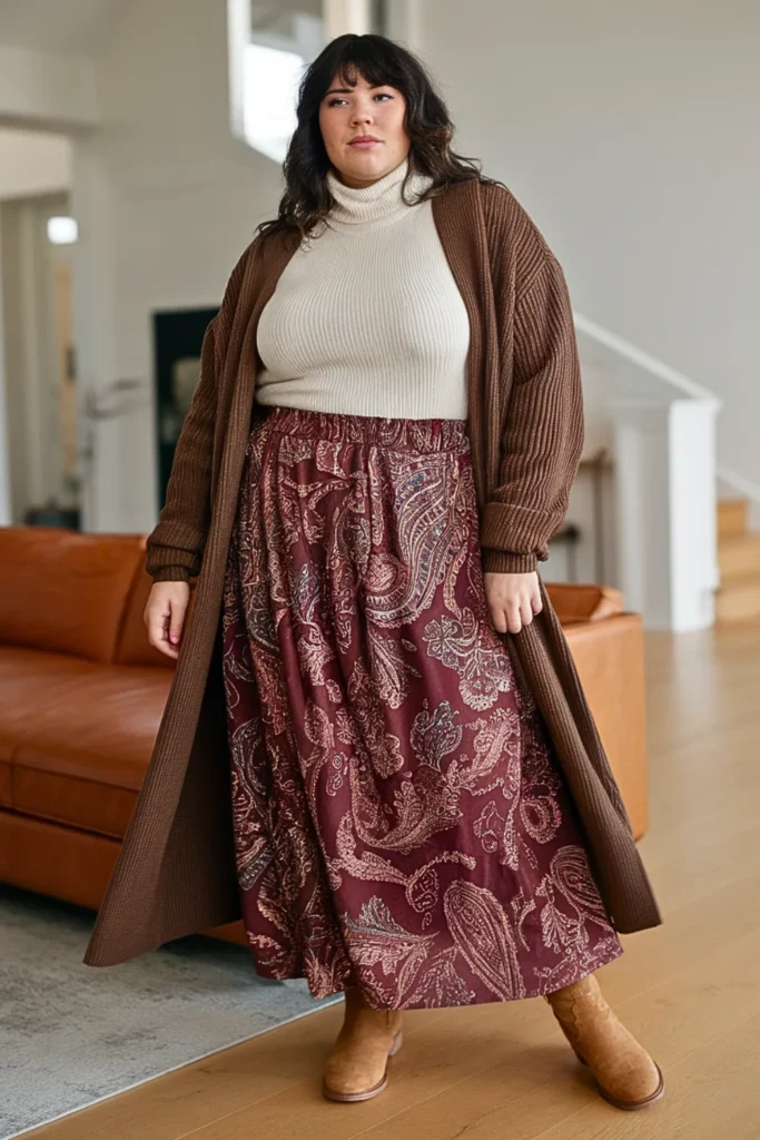 Plus Size Winter Paisley Print Maxi Skirt Outfit