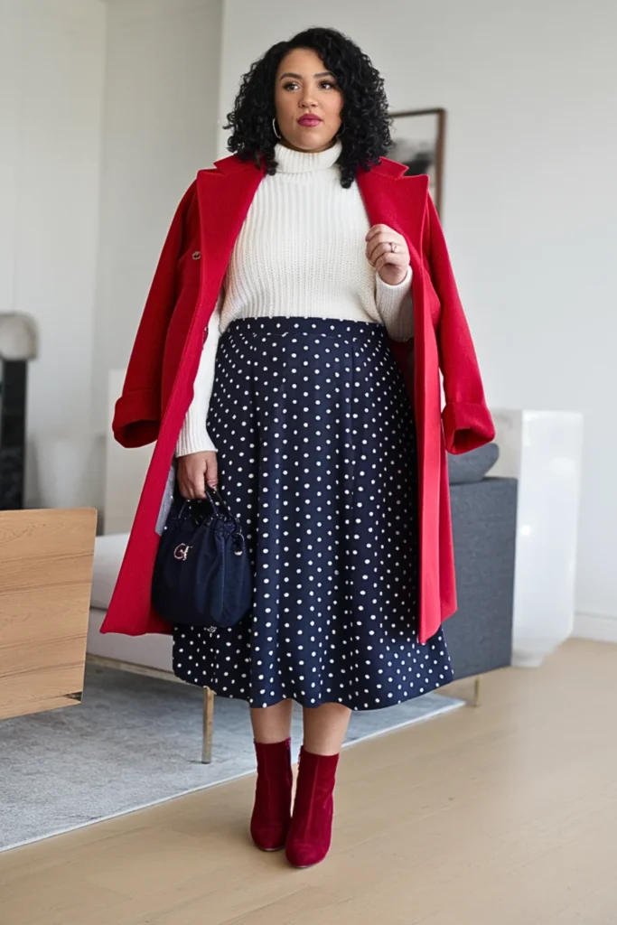 Plus Size Winter Polka Dot Midi Skirt Outfit