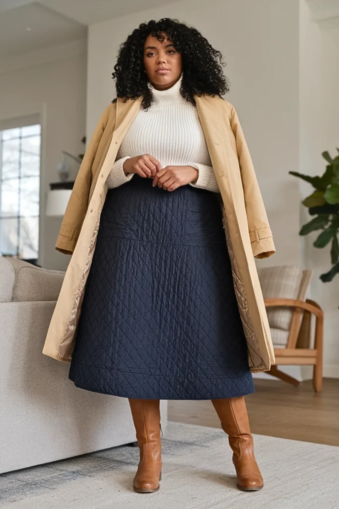 Plus Size Winter Quilted Midi Skirt Outfit