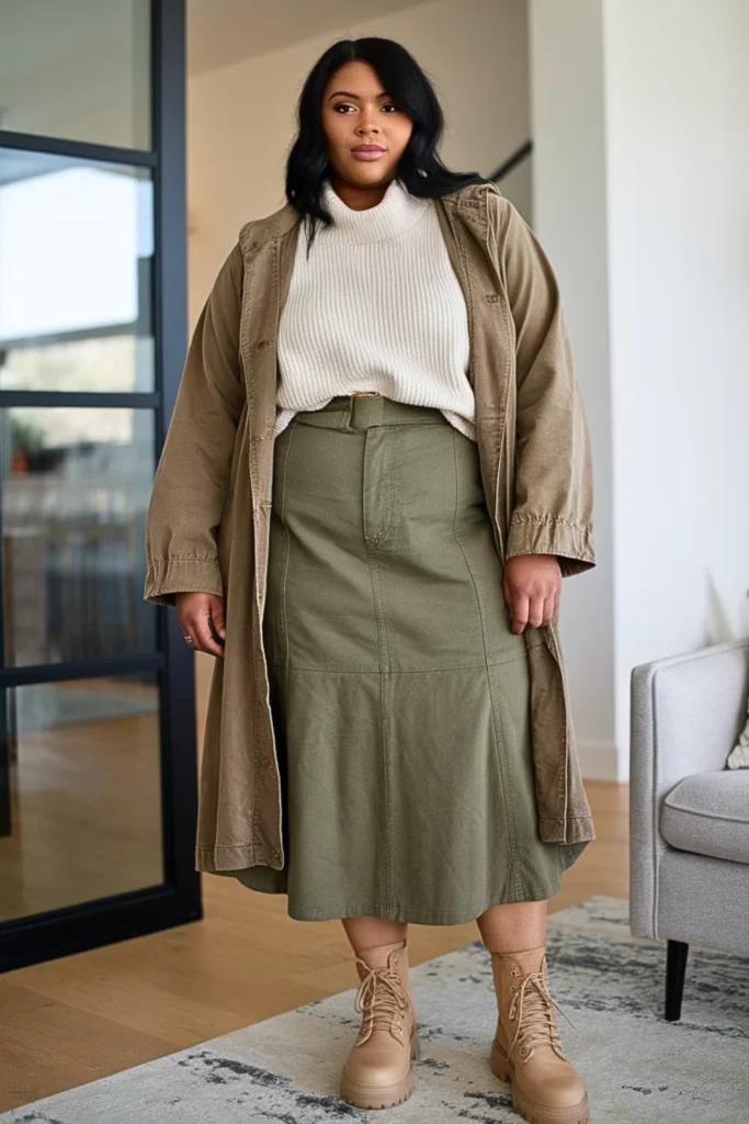 Plus Size Winter Textured Twill Skirt Outfit