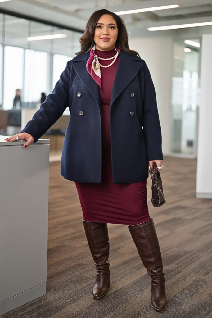Plus Size Wool Blend Peacoat and Midi Dress Winter Outfit