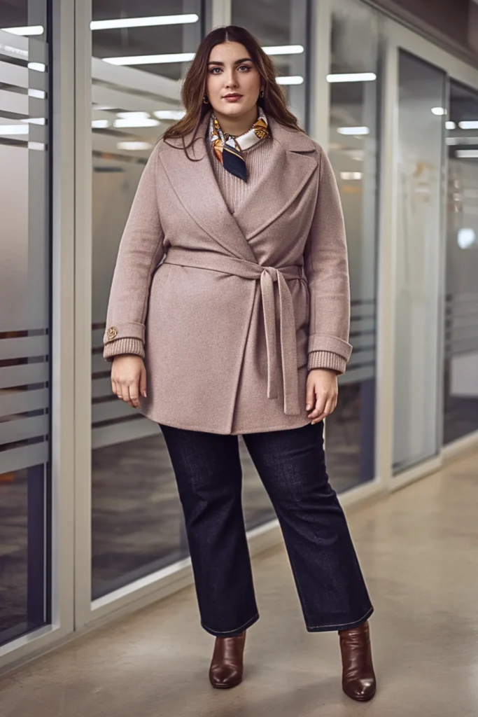 Plus Size Wrap Coat and Straight Leg Jeans Winter Outfit