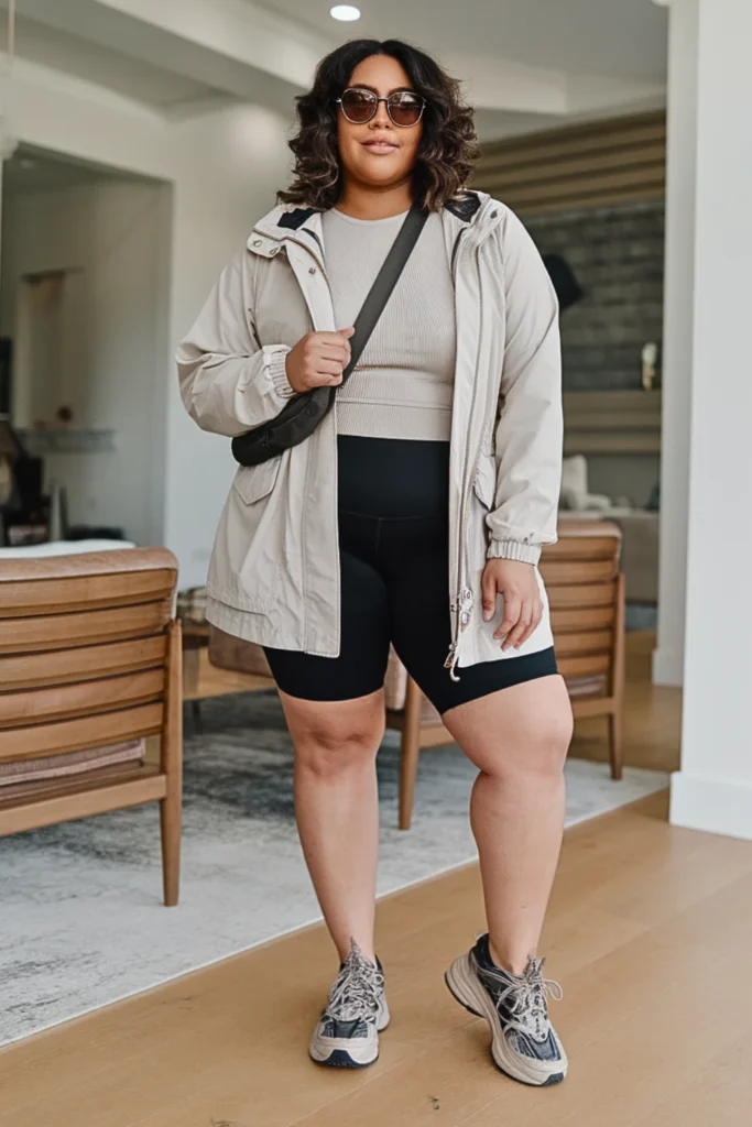 Plus Size Anorak With Crewneck Sweater And Bike Shorts Outfit