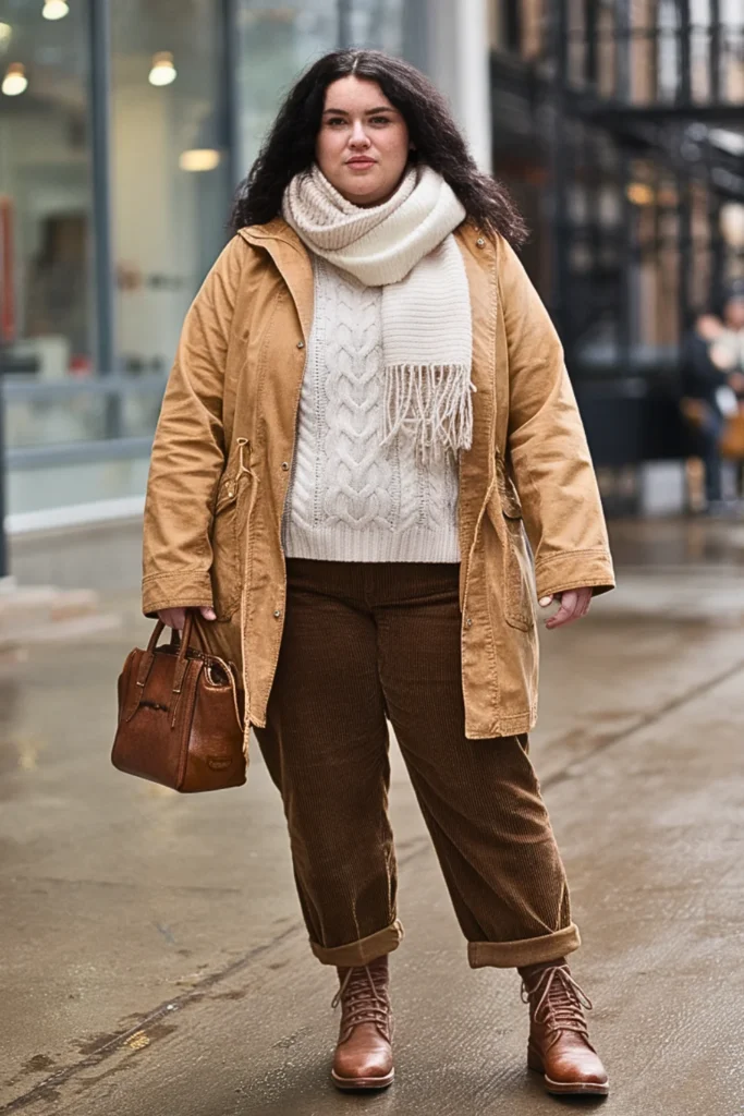 Plus Size Barn Jacket with Layered Neutrals Winter Outfit