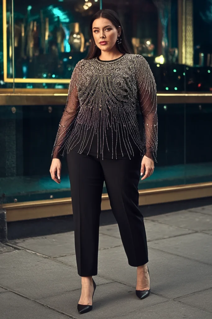 Plus Size Beaded Top With Cigarette Pants Outfit