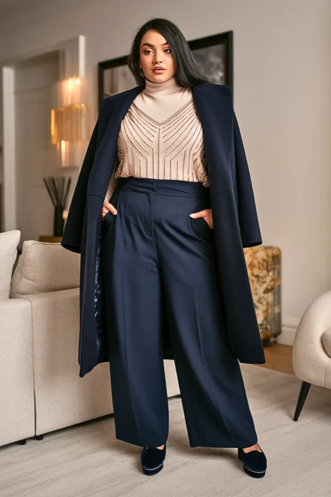 Plus Size Beaded Top and High-Waisted Trousers Winter Outfit