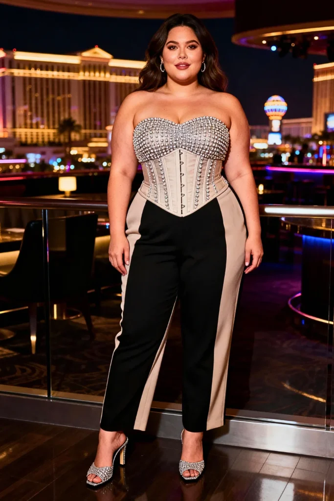 Plus Size Beaded Tube Top with High-Waisted Trousers and Heeled Mules Outfit
