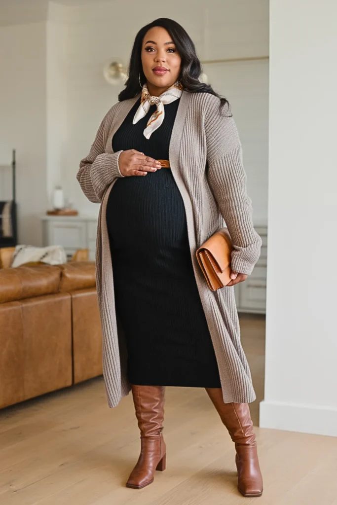 Plus Size Belted Cardigan with Midi Skirt Outfit
