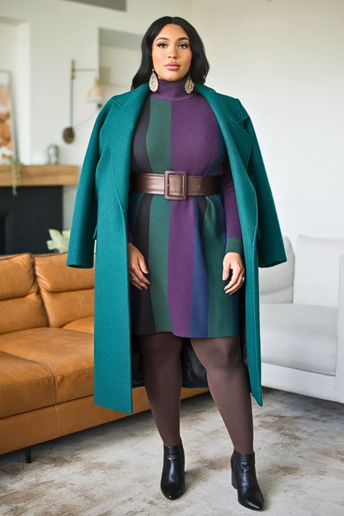 Plus Size Belted Coat With Sweater Dress And Tights Outfit