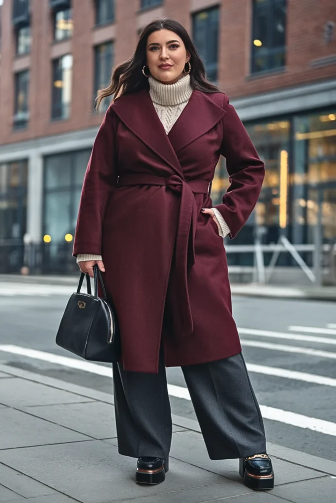 Plus Size Belted Wool Wrap Coat with Sweater and Trousers Winter Outfit