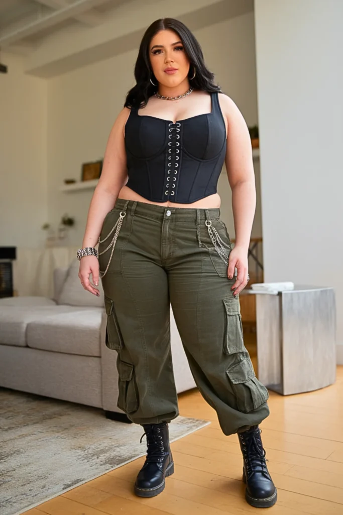 Plus Size Black Corset Top With Cargo Pants Alt Outfit
