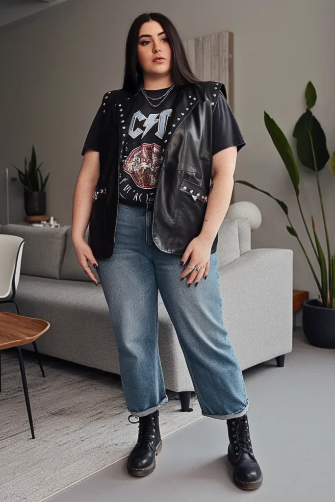 Plus Size Black Faux Leather Vest with Band Tee Outfit