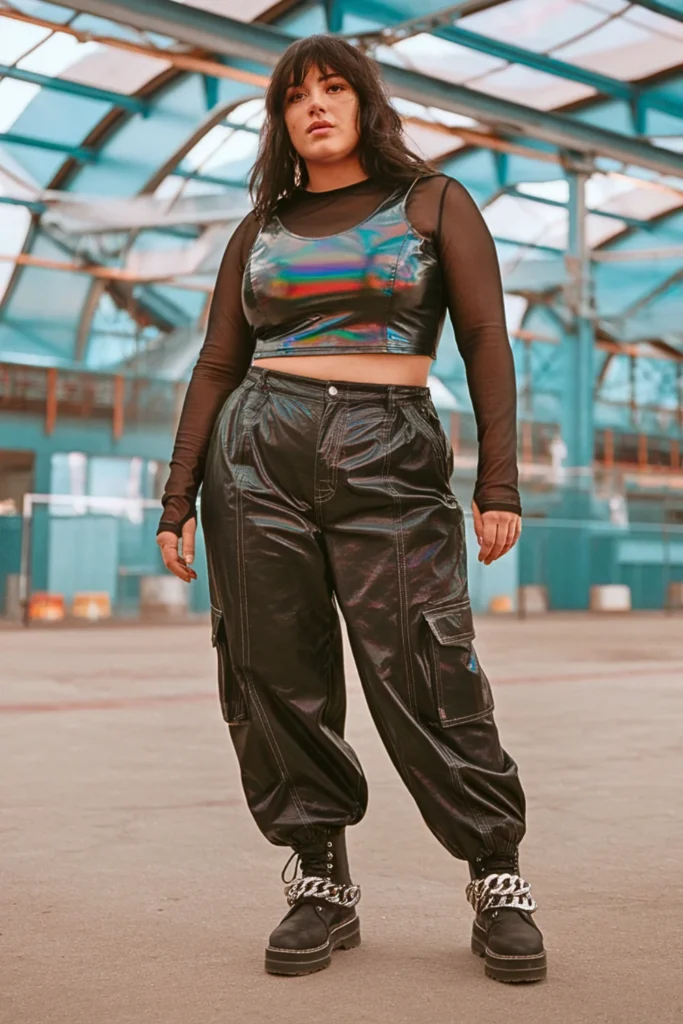Plus Size Black Holographic Crop Top with Cargo Pants Rave Outfit