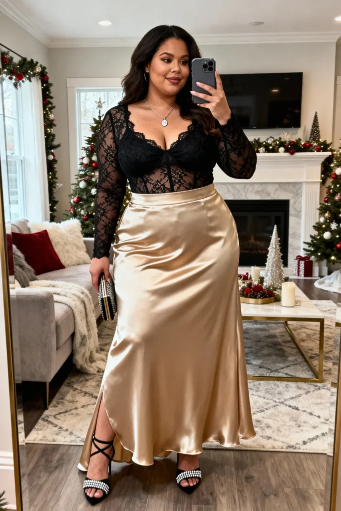 Plus Size Black Lace Bodysuit With Champagne Satin Maxi Skirt Outfit