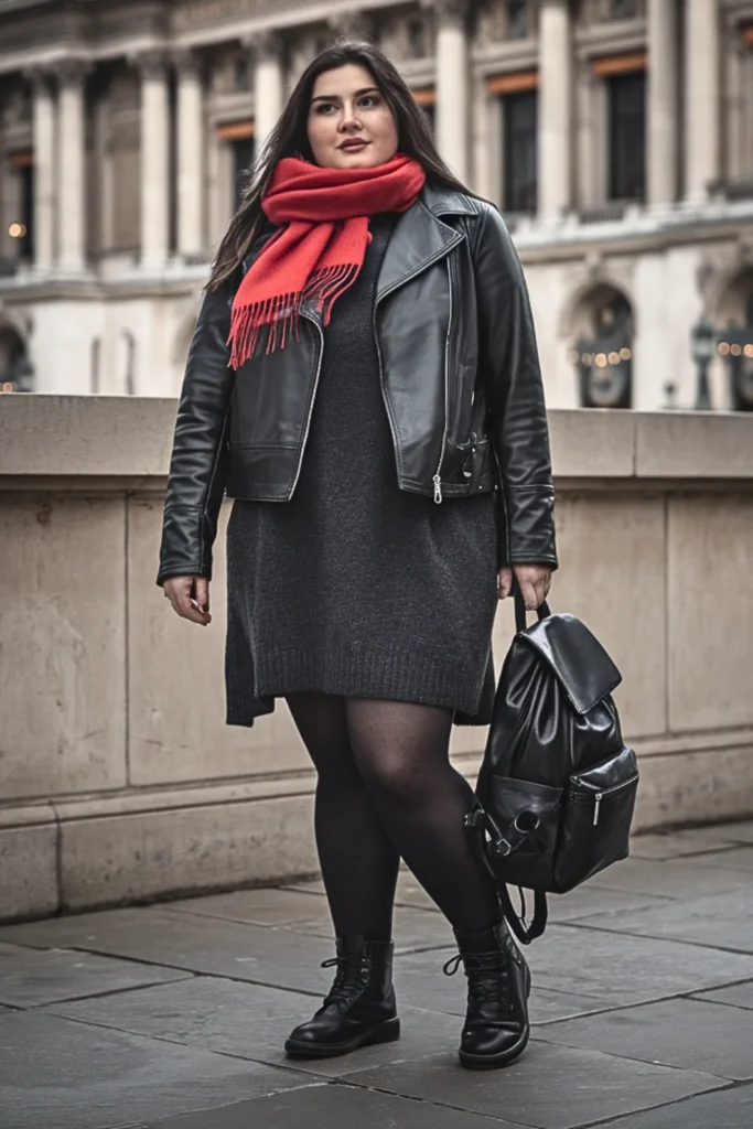 Plus Size Black Leather Jacket with Sweater Dress Outfit
