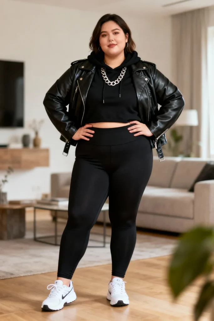 Plus Size Black Leather Moto Jacket with Oversized Hoodie Sporty Chic Outfit