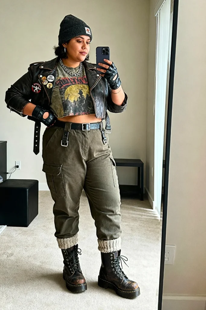 Plus Size Black Oversized Band Tee with Cargo Pants Winter Outfit