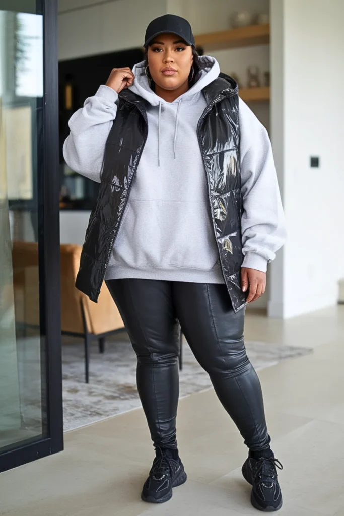 Plus Size Black Puffer Vest with Hoodie Outfit