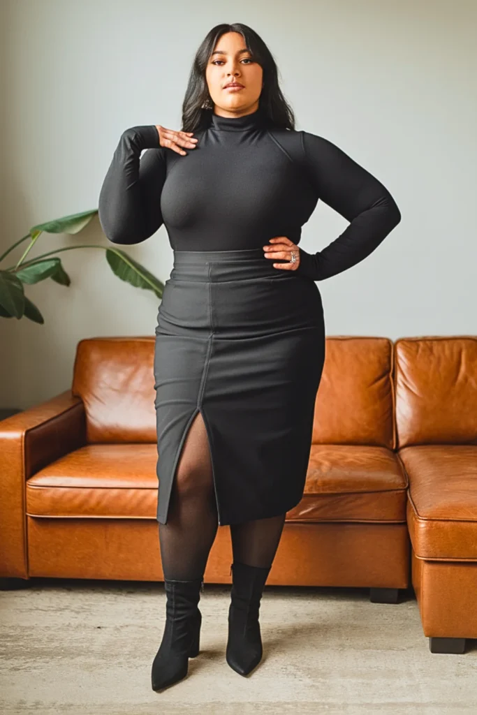 Plus Size Black Turtleneck With Midi Skirt Alt Outfit