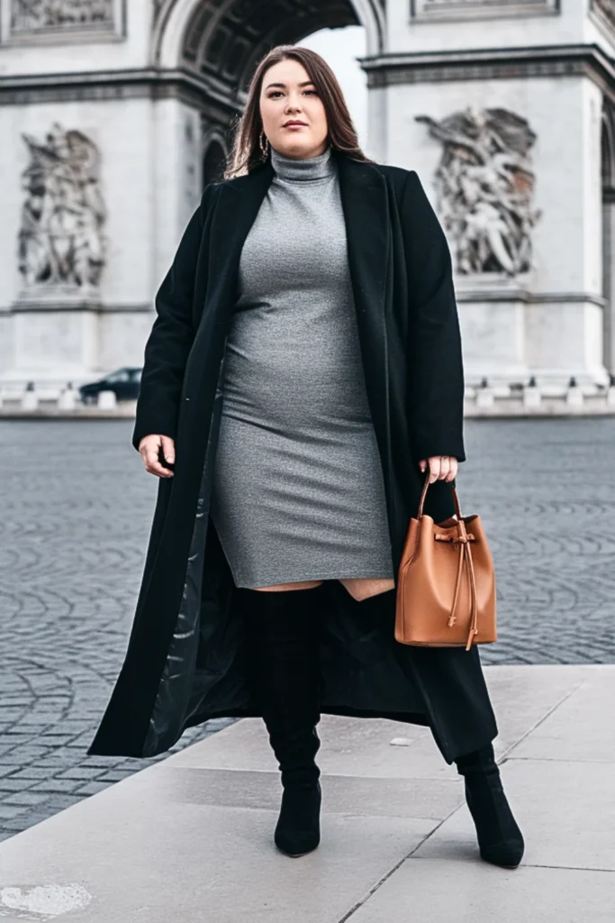 Plus Size Black Wool Duster Coat with Turtleneck Dress Outfit