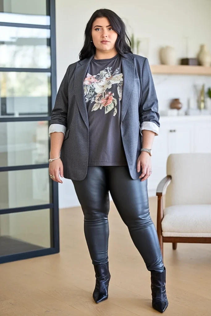 Plus Size Blazer With Graphic Tee And Coated Leggings Outfit