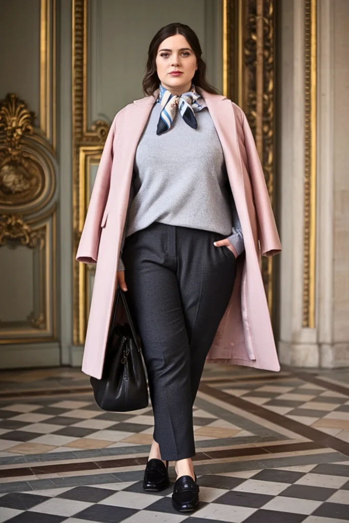 Plus Size Blush Pink Wool Coat with Gray Ensemble Outfit