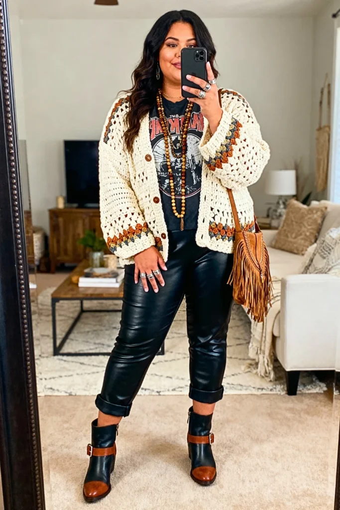 Plus Size Boho Crochet Cardigan with Leather Pants Outfit