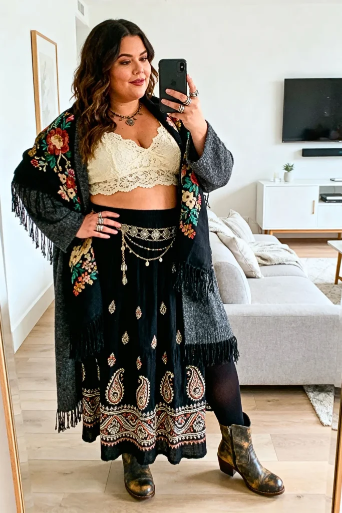 Plus Size Boho Grunge Maxi Skirt with Crop Top Outfit