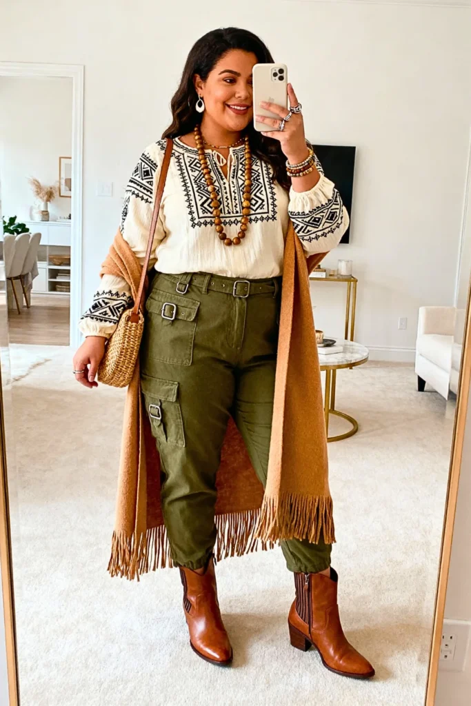 Plus Size Boho Patterned Blouse with Cargo Pants Outfit
